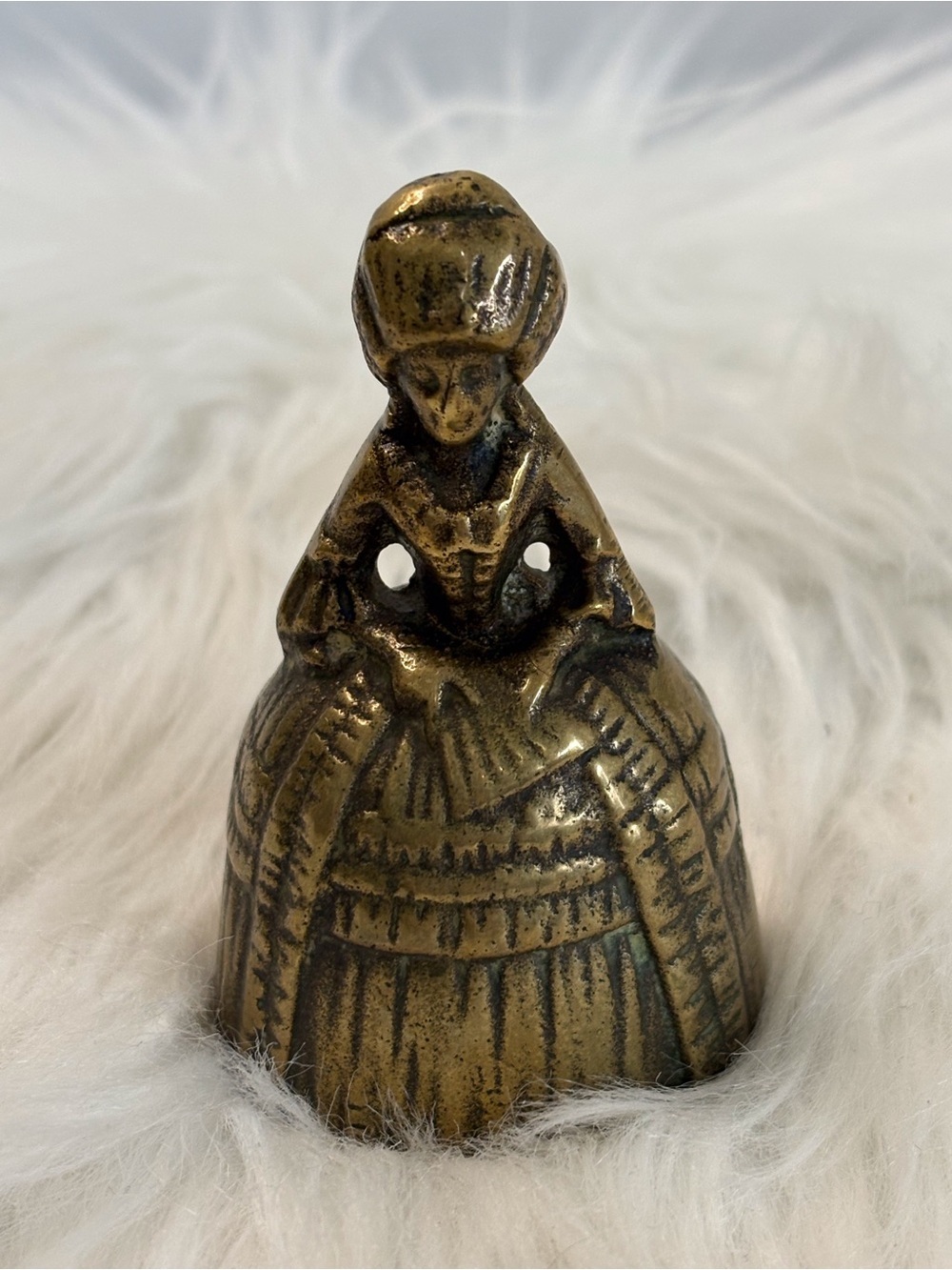 (129)Source Unknown Brass-Tone Victorian Lady Bell Figurine